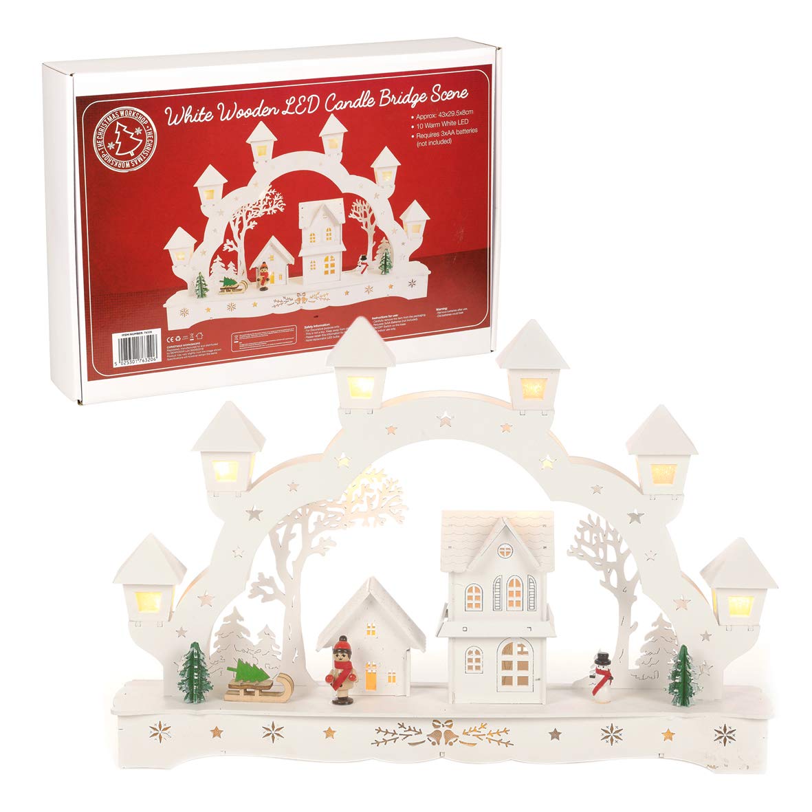 43cm white wooden LED Christmas candle bridge scene