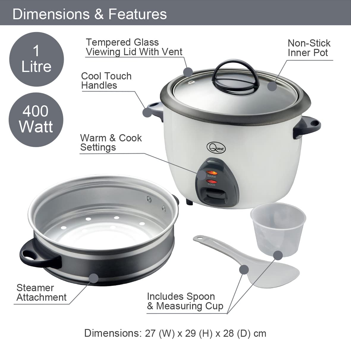 Quest 1L 400W white rice cooker and steamer