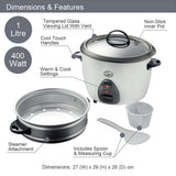Quest 1L 400W white rice cooker and steamer