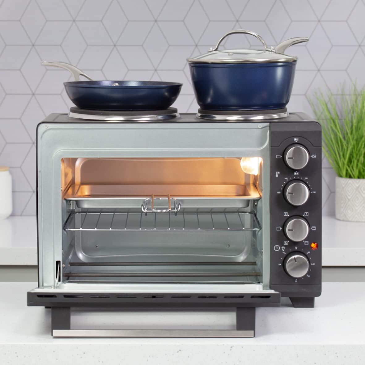 Quest 26L black countertop mini oven with twin hob and rotisserie