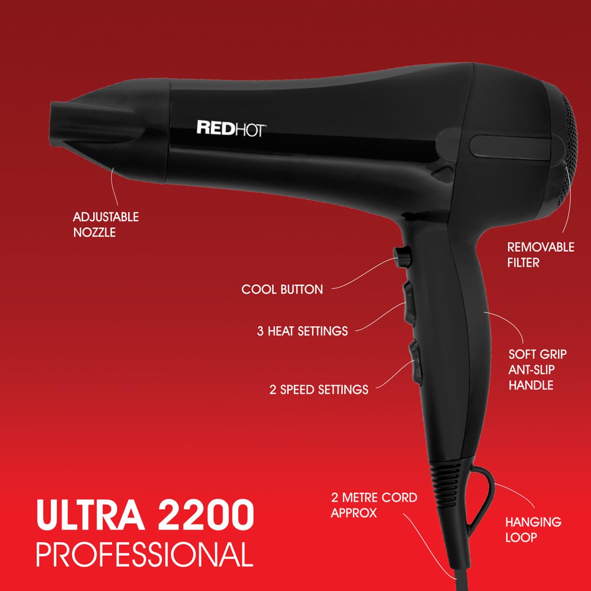 Red Hot black 2200W professional hair dryer