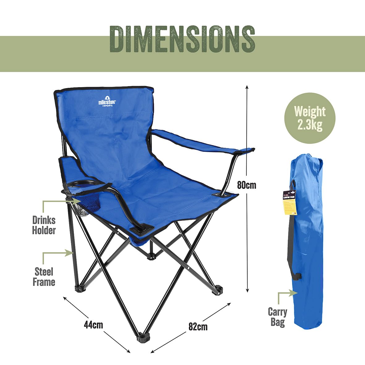 Blue foldable outdoor chair packed for transport