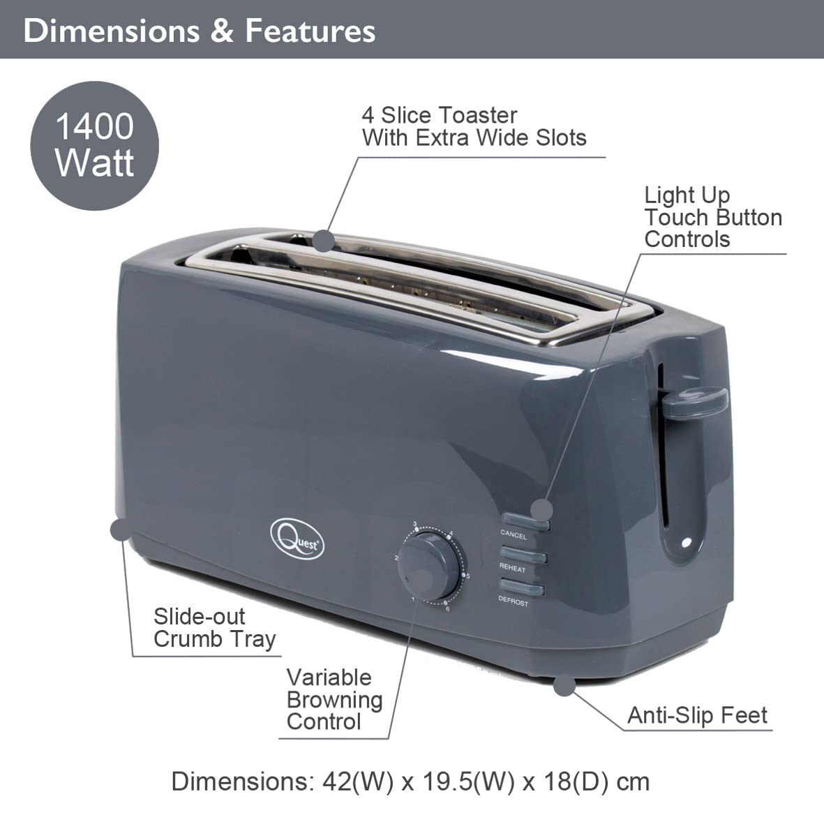 Quest grey 4-slice 1400W toaster
