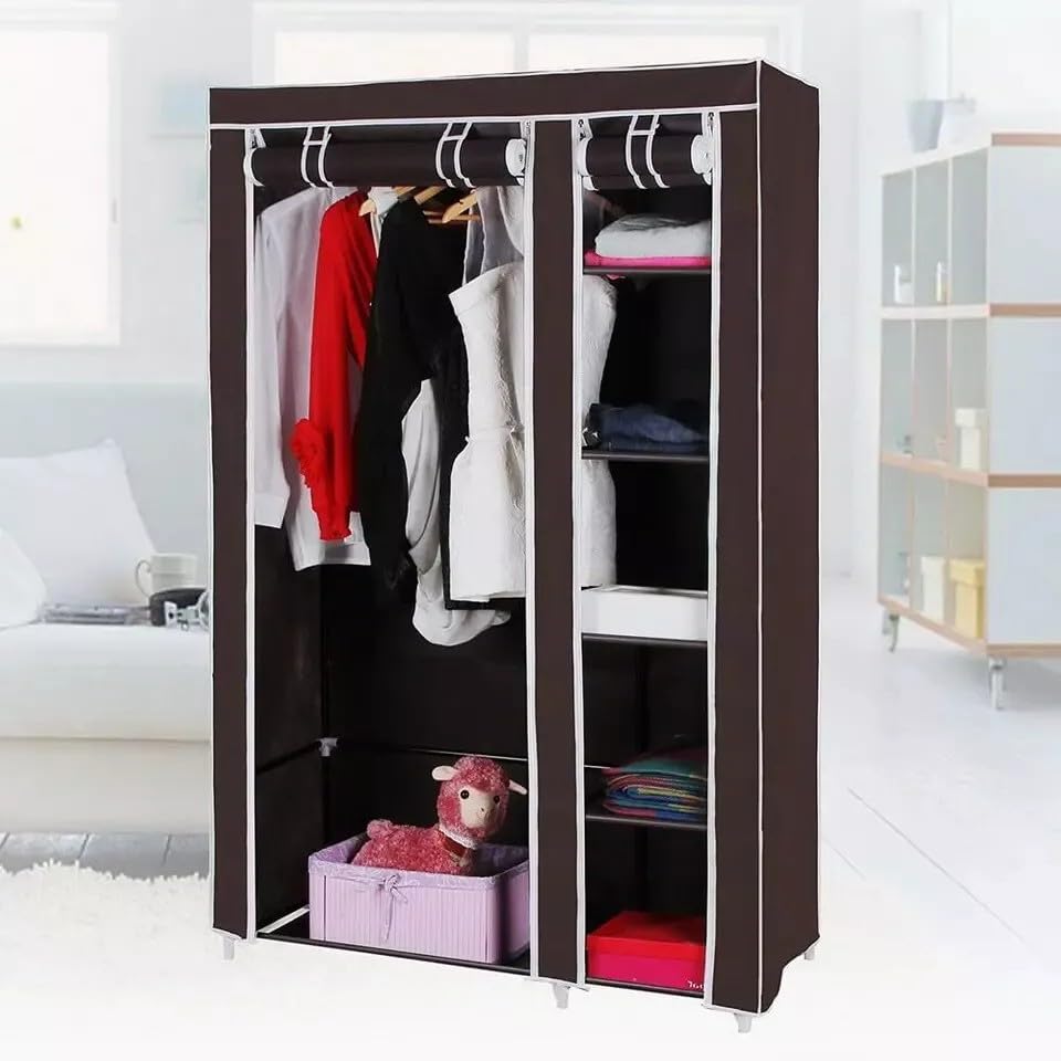 Generic Fabric Canvas Wardrobe Organizer Clothes Rail Shelves Storage Closet Double Tall (Brown), 59-60-61-62A