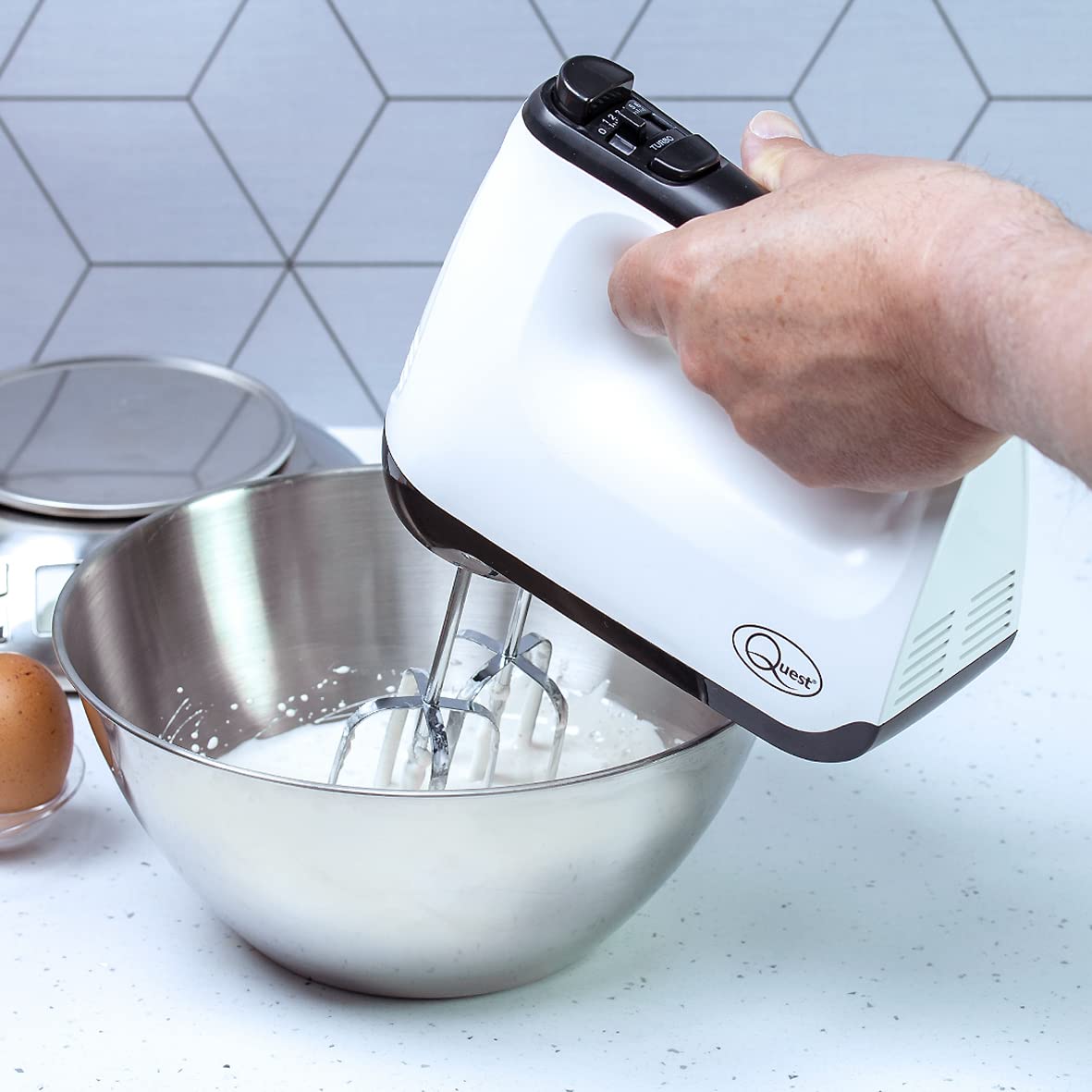 6 Speed Hand Mixer with Storage Case, Beaters, Dough Hooks & Whisk, White - Quest