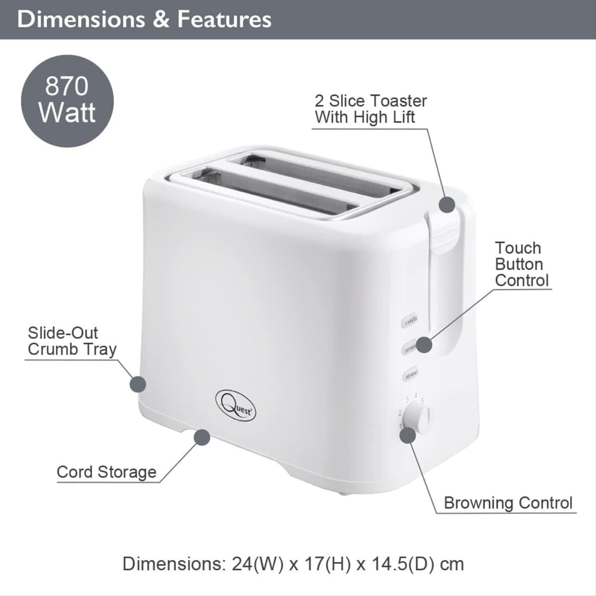 Quest white 870W 2-slice toaster with adjustable browning