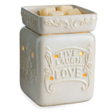 CANDLE WARMERS ETC. Illumination Fragrance Warmer with square lid, emits soft glow and fragrance from wax melts, featuring Live Well message.