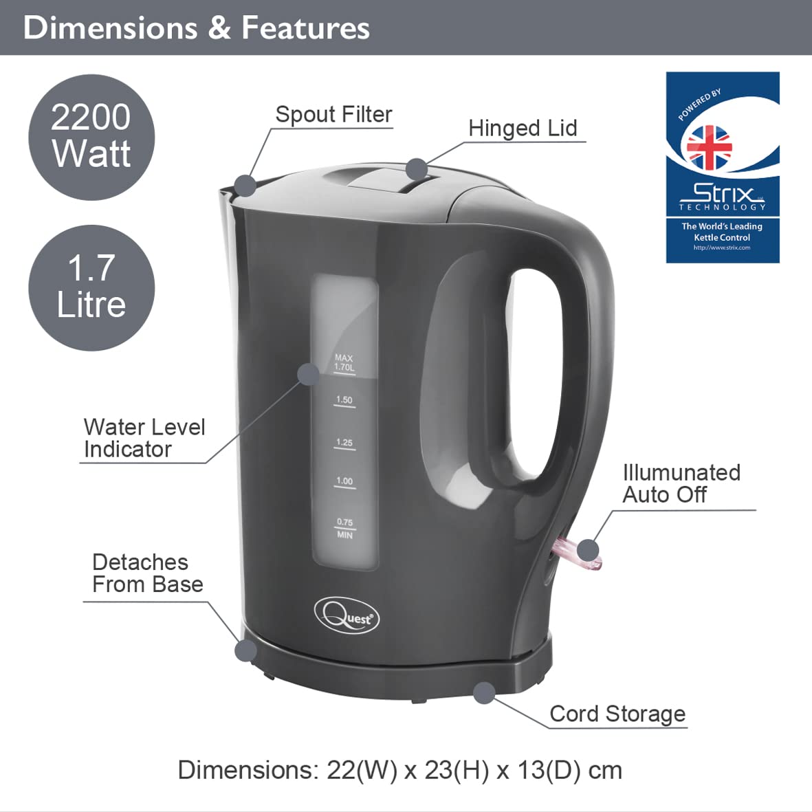 Quest grey 1.7L electric kettle