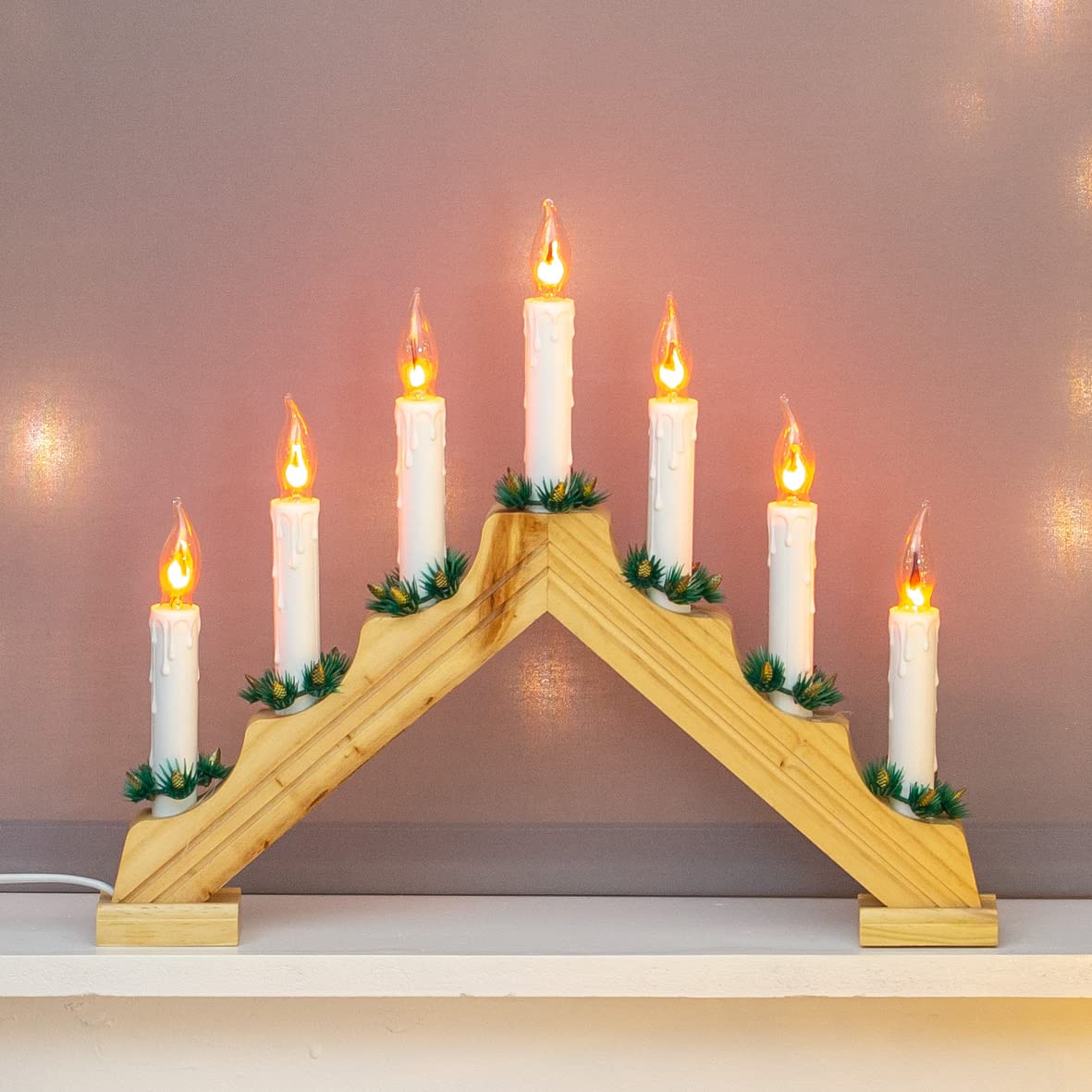 Wooden Christmas candle bridge with 7 flickering lights