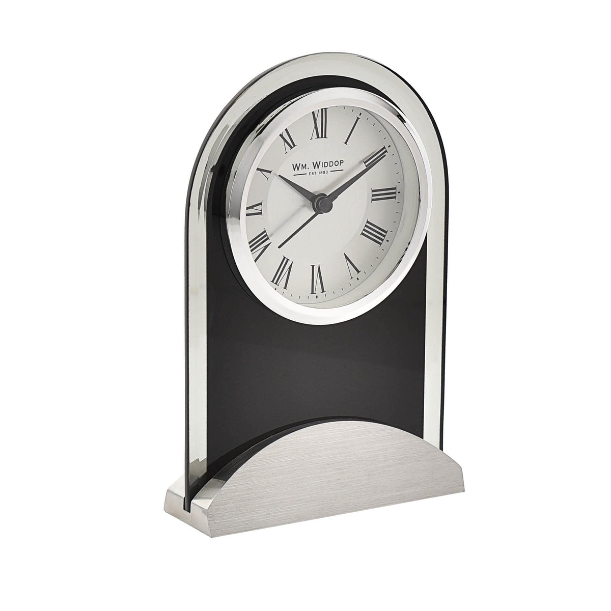 Widdop arched glass mantel clock with aluminium base