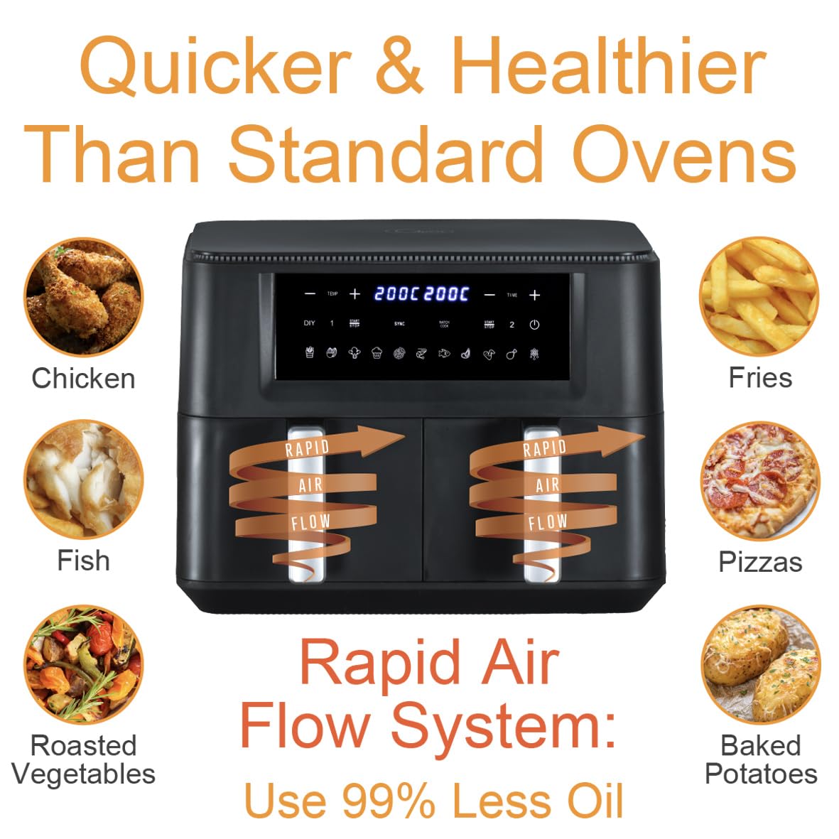 Quest 9L dual basket 2400W air fryer with two 4.5L baskets