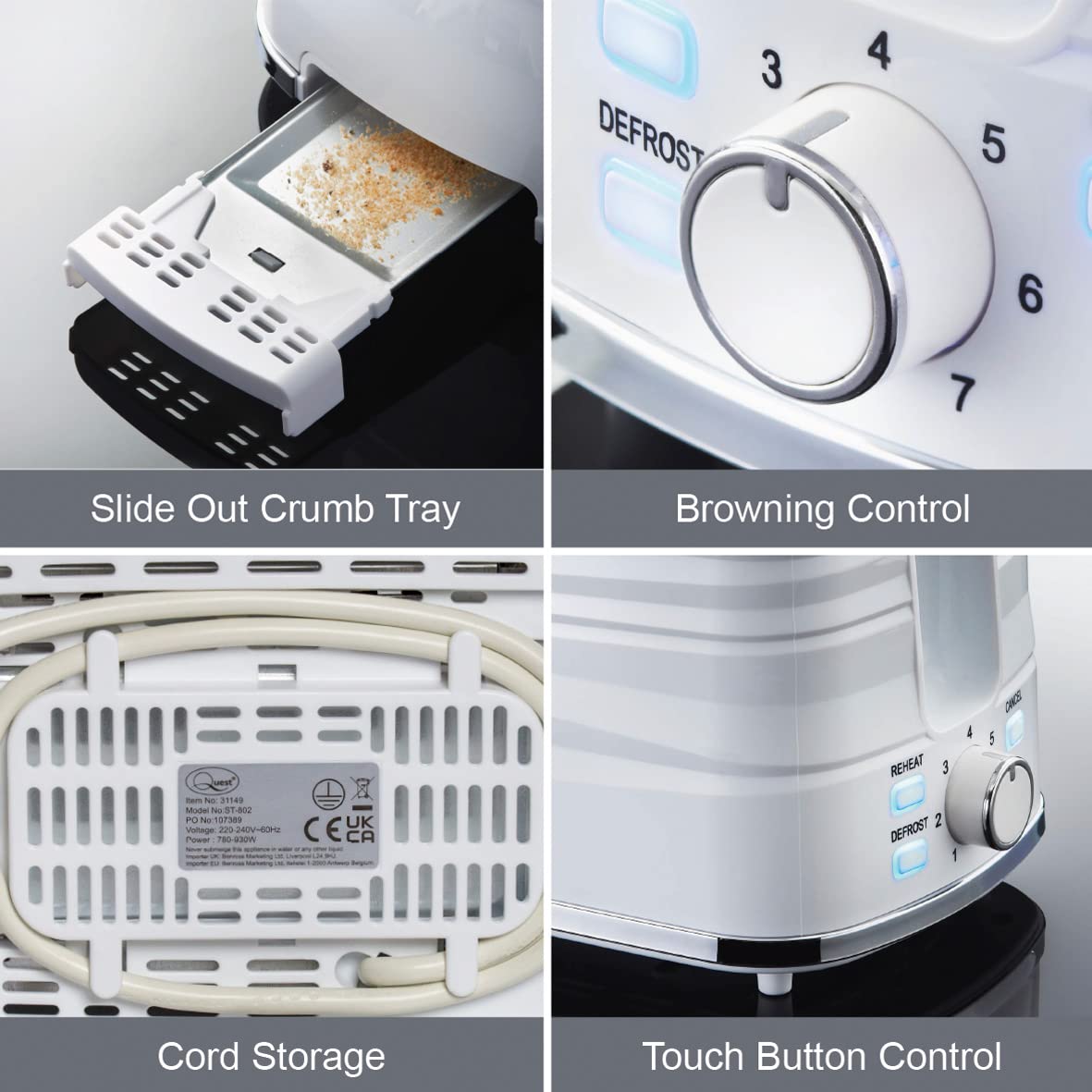 Quest Harmony white 2-slice 930W toaster with seven browning levels