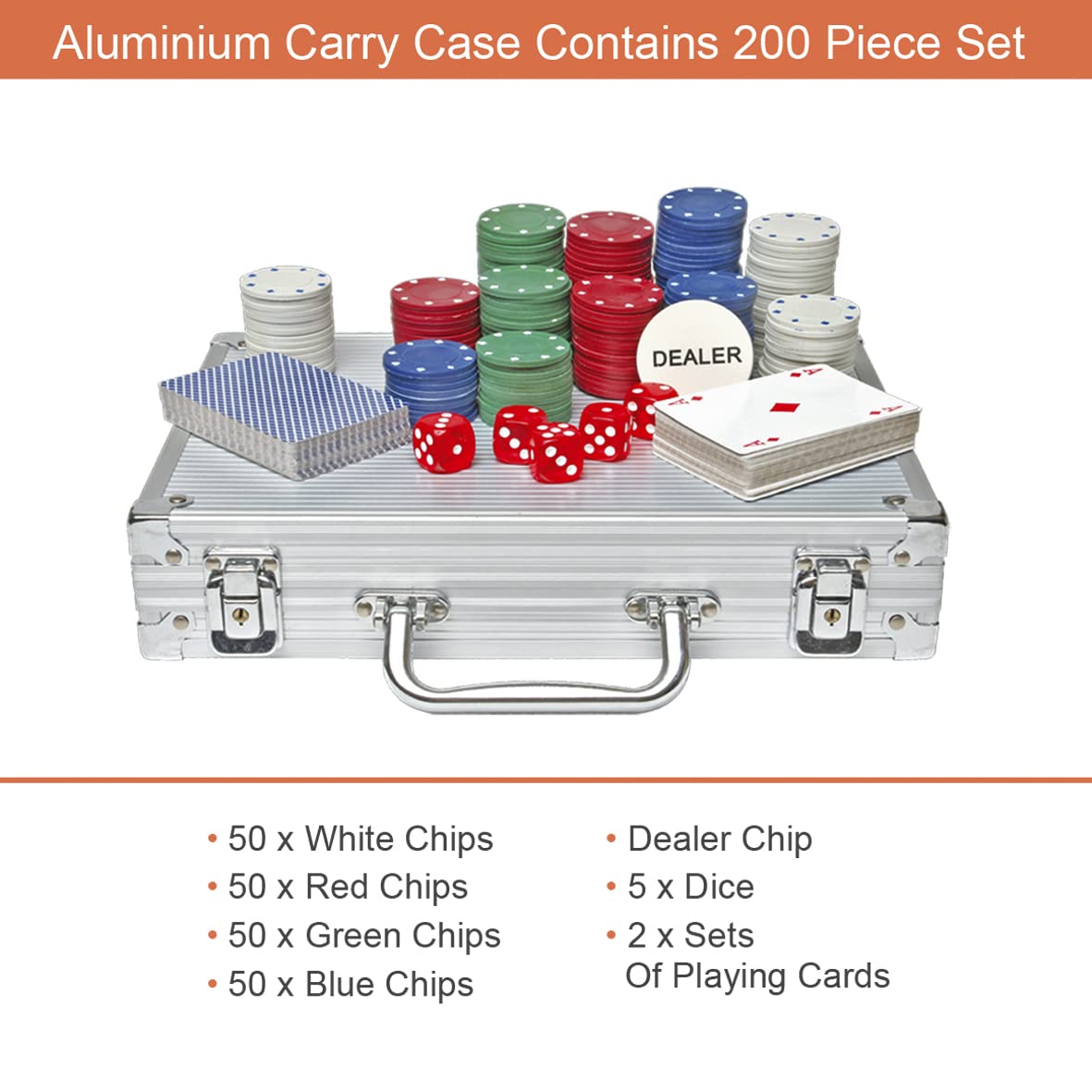 Global Gizmos 200-piece poker set with chips cards dice and aluminium case