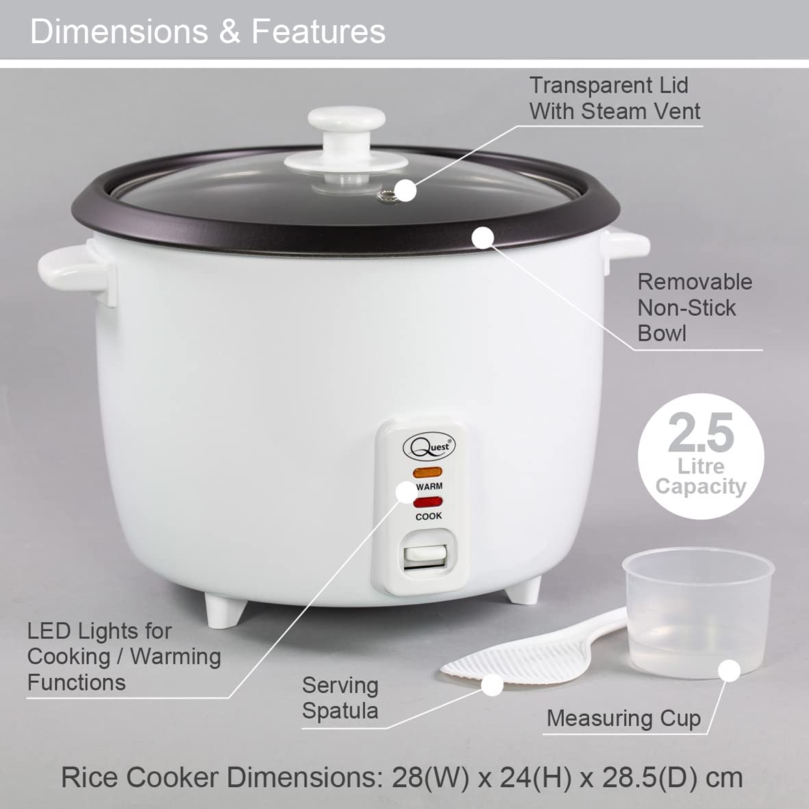Quest 2.5L 900W rice cooker with keep warm – white