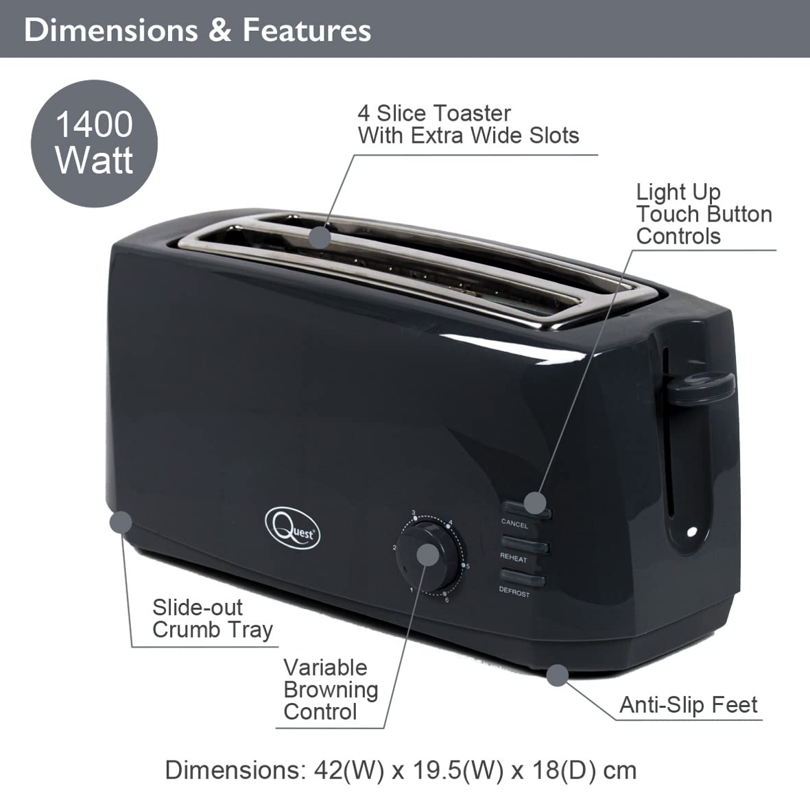 Quest black 4-slice 1400W toaster