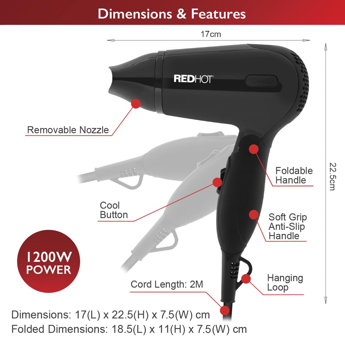 Red Hot black folding dual voltage travel hair dryer