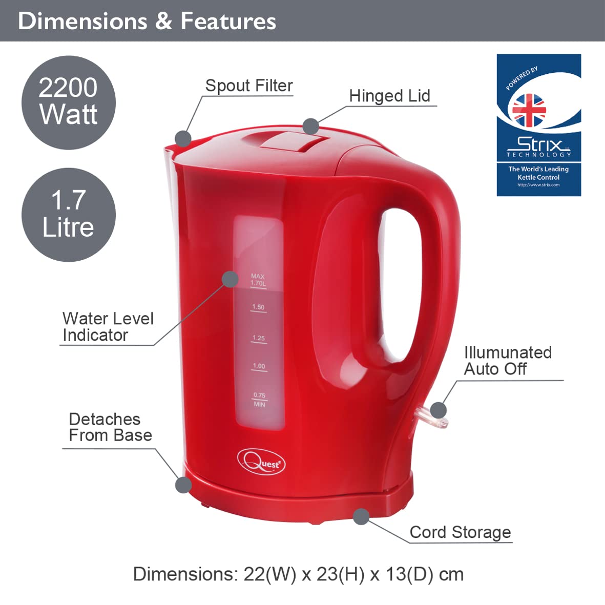 Quest red 1.7L electric kettle