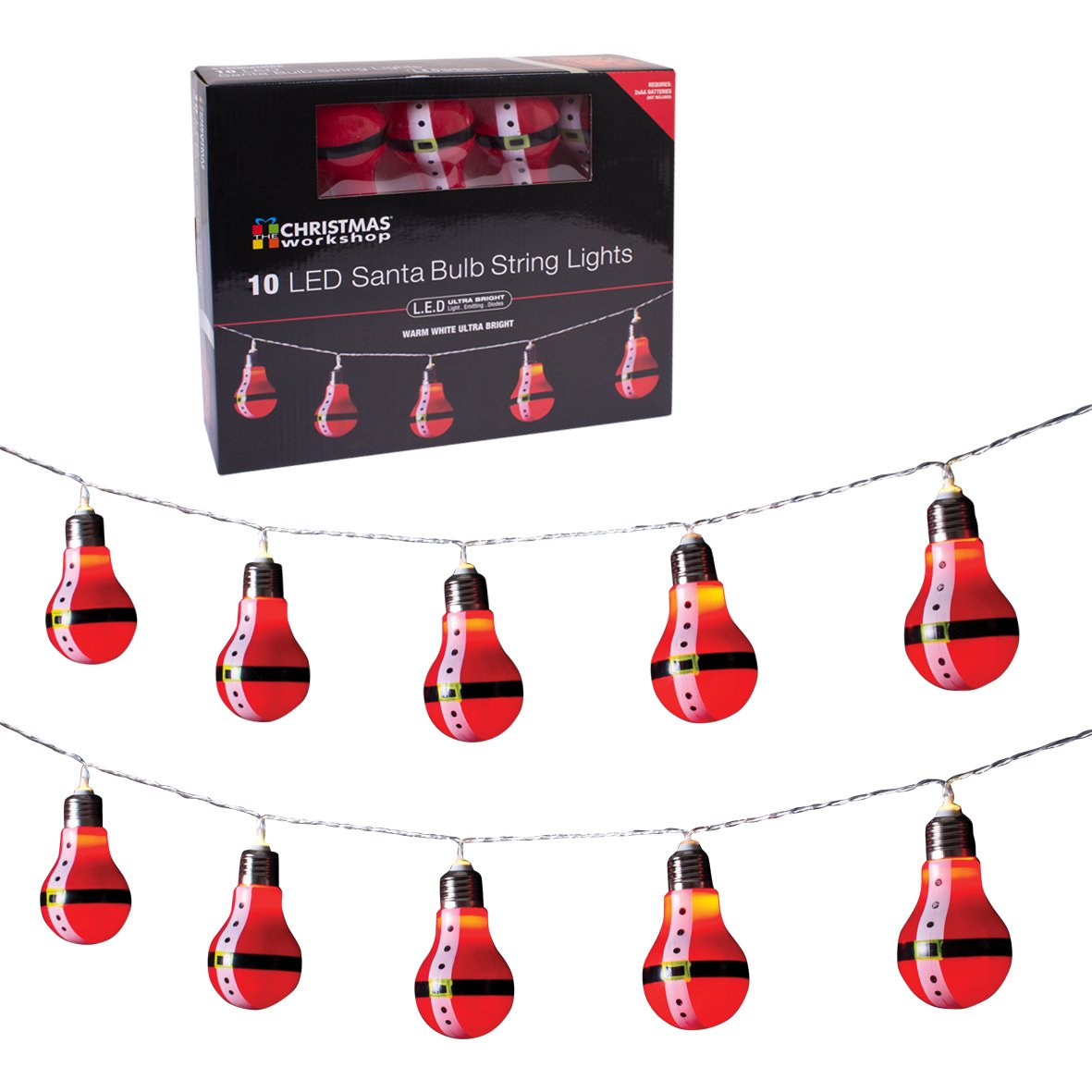 10 warm white LED Santa bulb battery string lights