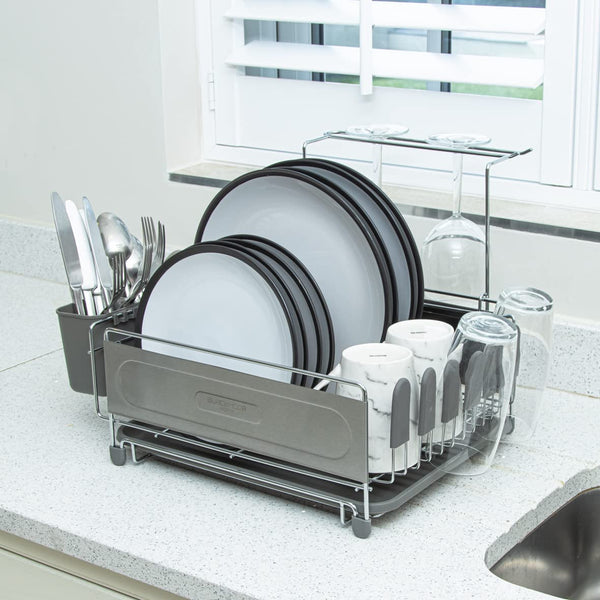 Blackmoor Deluxe Stainless Steel Dish Drainers/Features Wine Glass, Cutlery & Cup Holders/Removable Drip Tray / 45cm x 30cm x 30cm (W x D x H) / Grey & Silver Colour