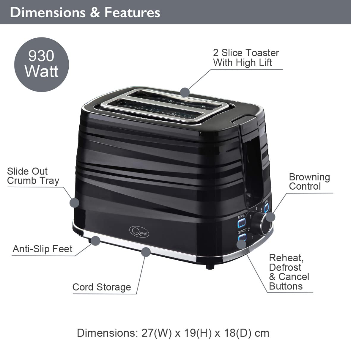 Quest Harmony black 2-slice toaster