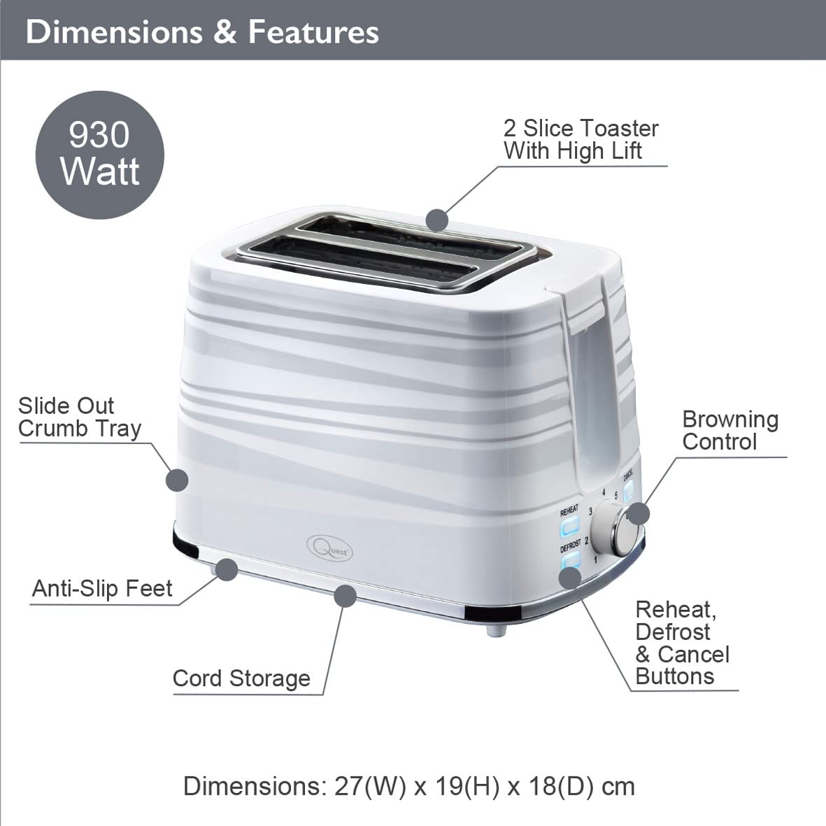 Quest Harmony white 2-slice 930W toaster with seven browning levels