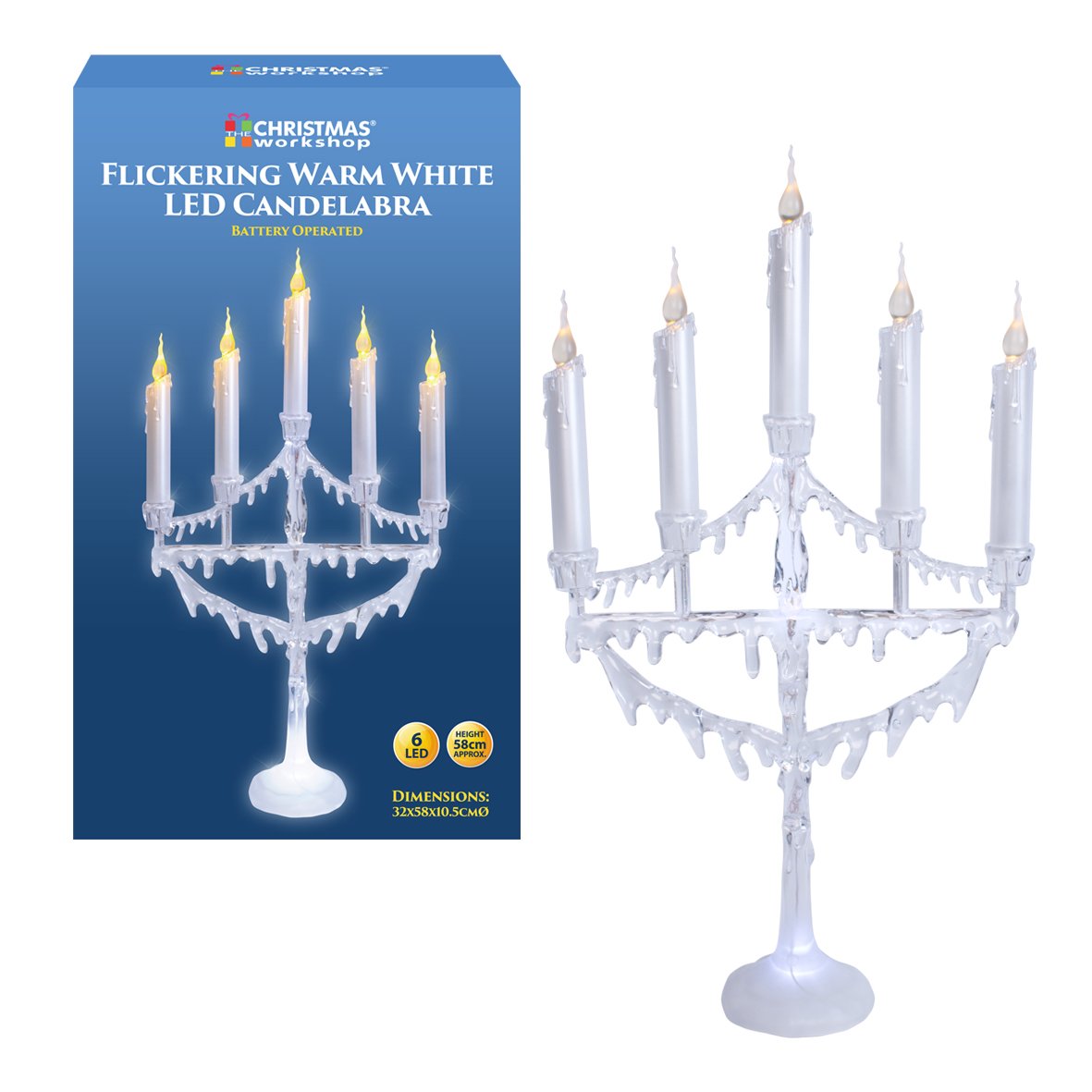 The Christmas Workshop Battery Operated 5 Candle Flickering LED Candleabra, Metal, White