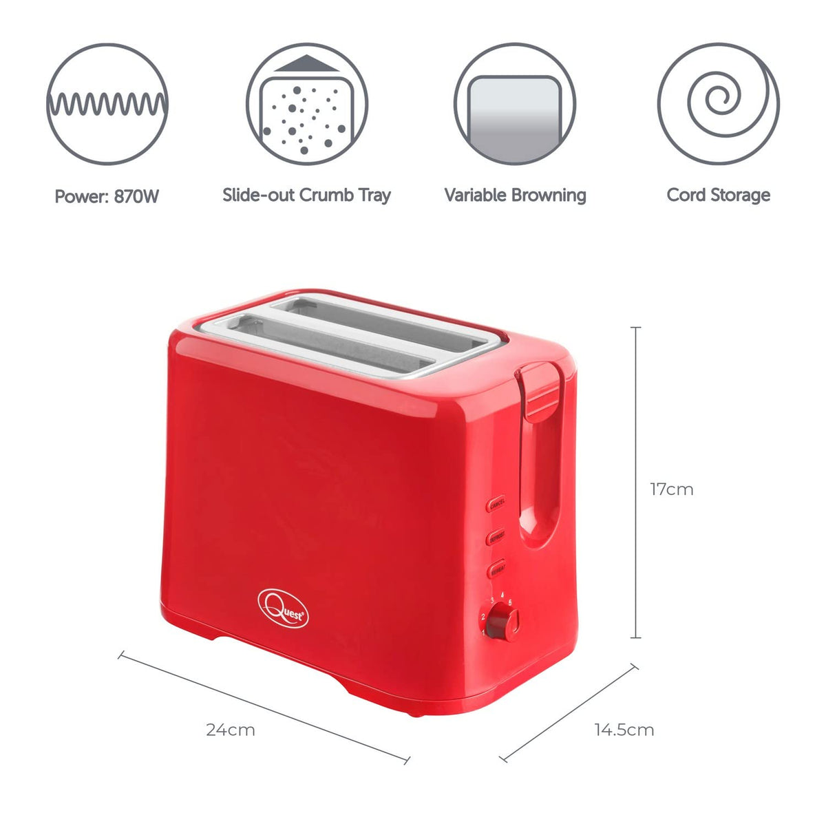 Quest red 2-slice toaster with variable browning