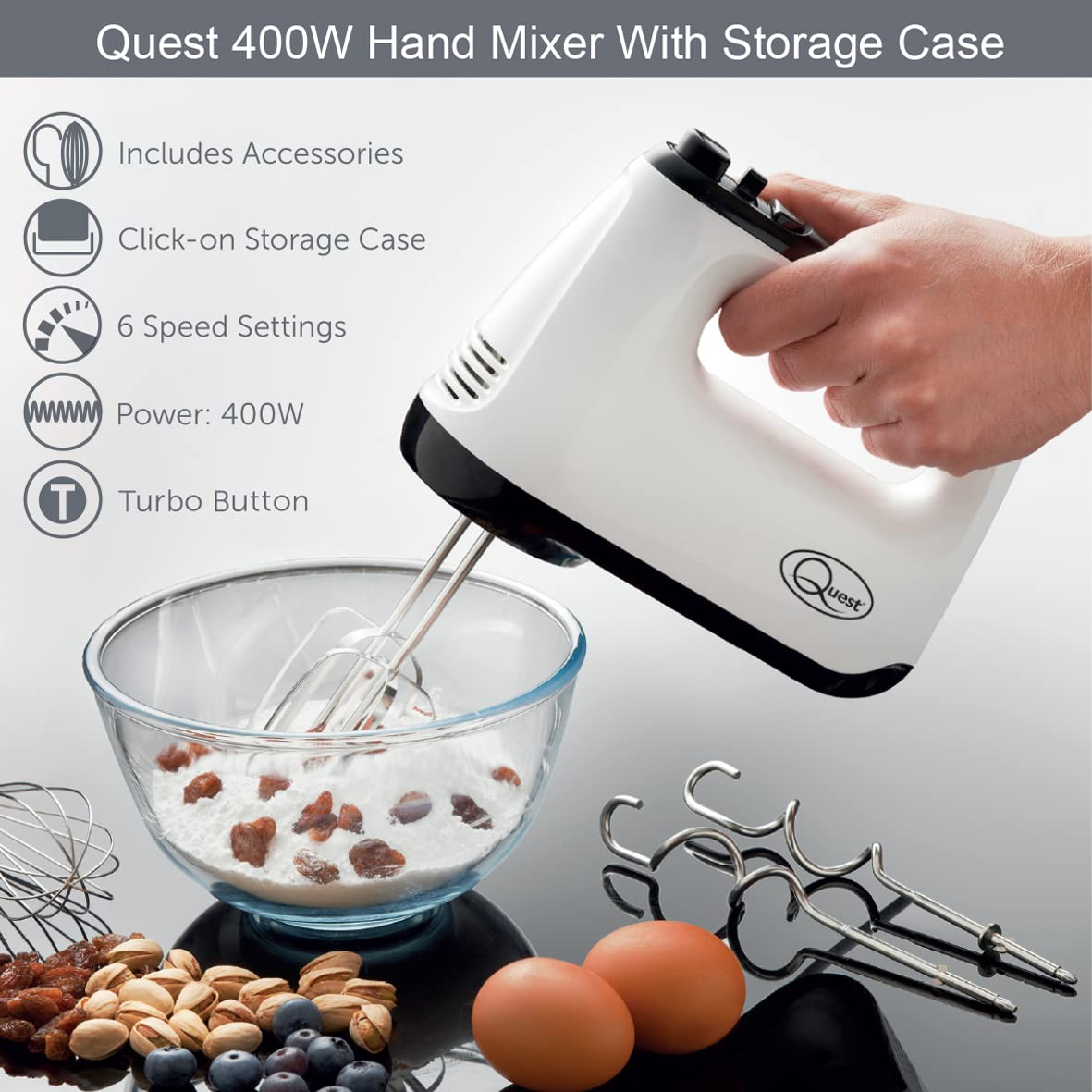 6 Speed Hand Mixer with Storage Case, Beaters, Dough Hooks & Whisk, White - Quest