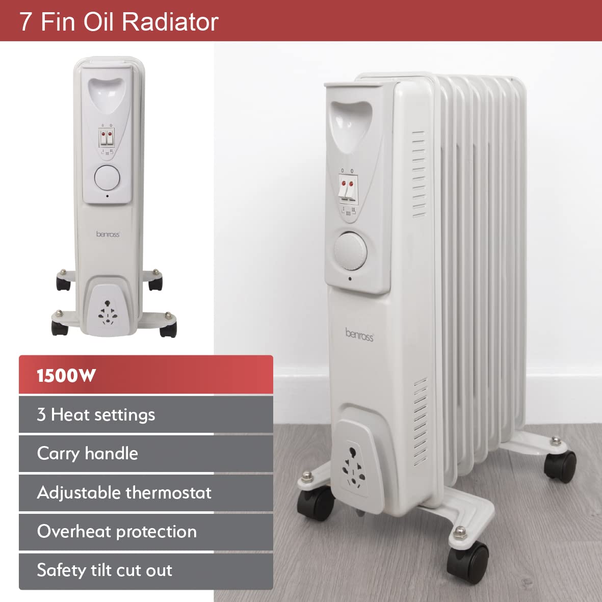 Benross 1500W 7-fin oil-filled radiator in white