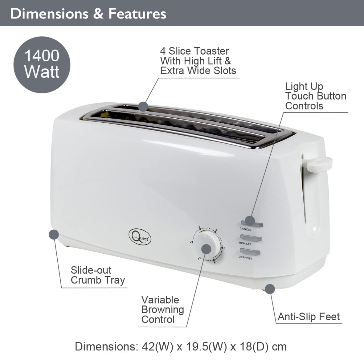 Quest 1400W white 4-slice toaster with extra-wide slots