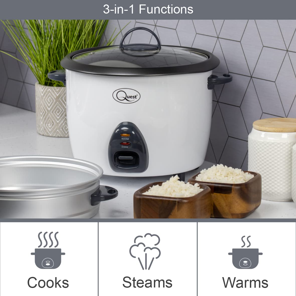 Quest 1.5L 500W white rice cooker and steamer