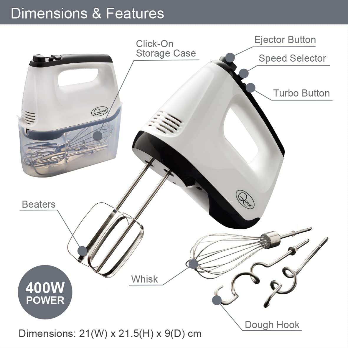 6 Speed Hand Mixer with Storage Case, Beaters, Dough Hooks & Whisk, White - Quest