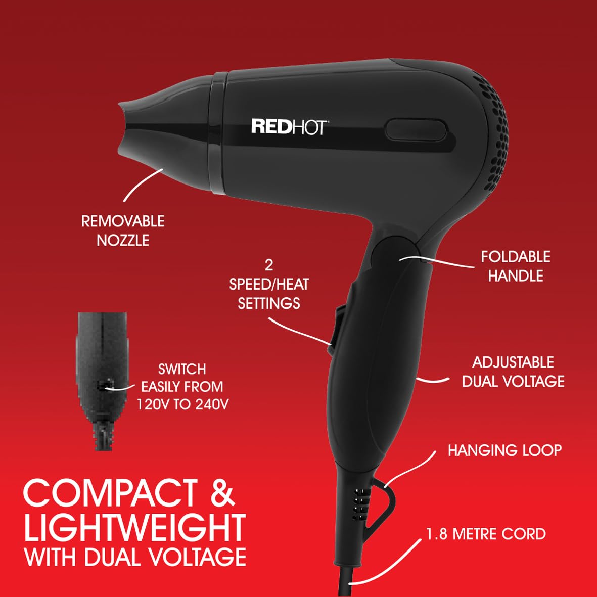 Red Hot black folding dual voltage travel hair dryer