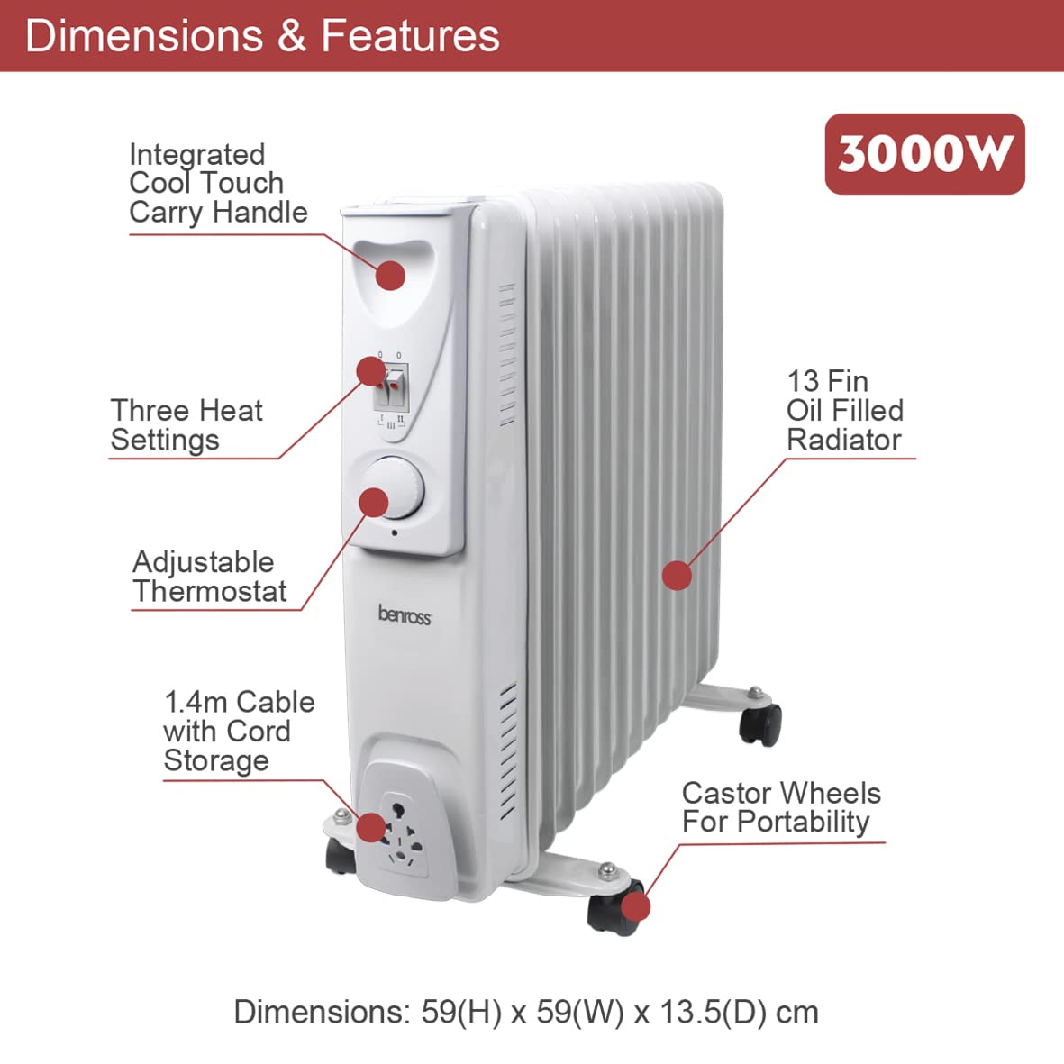 Benross white 13-fin 2500W oil filled radiator