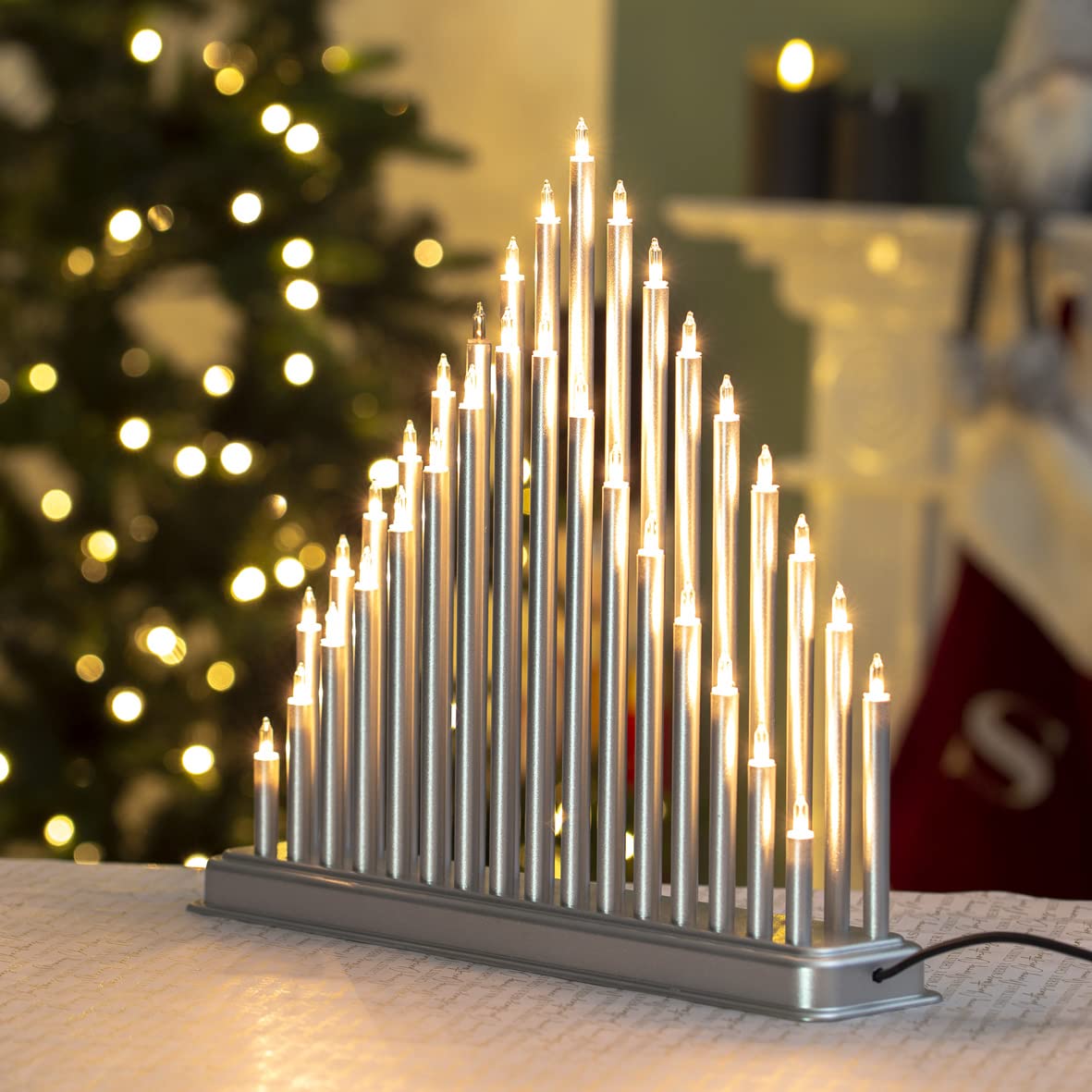 Silver Christmas candle bridge with 33 warm white lights