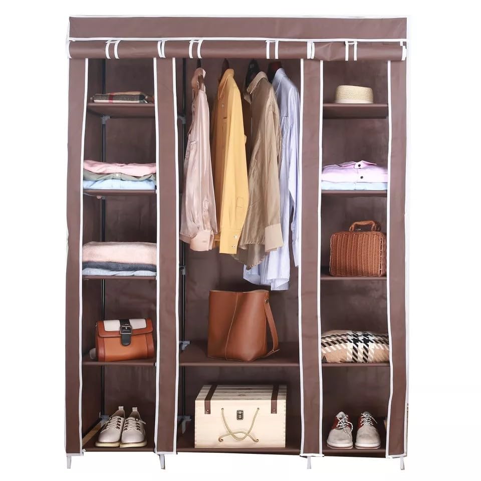 Generic Fabric Canvas Wardrobe Organizers Clothes Rail Shelves Storage Closet Triple (Brown), 63-64-65-66A