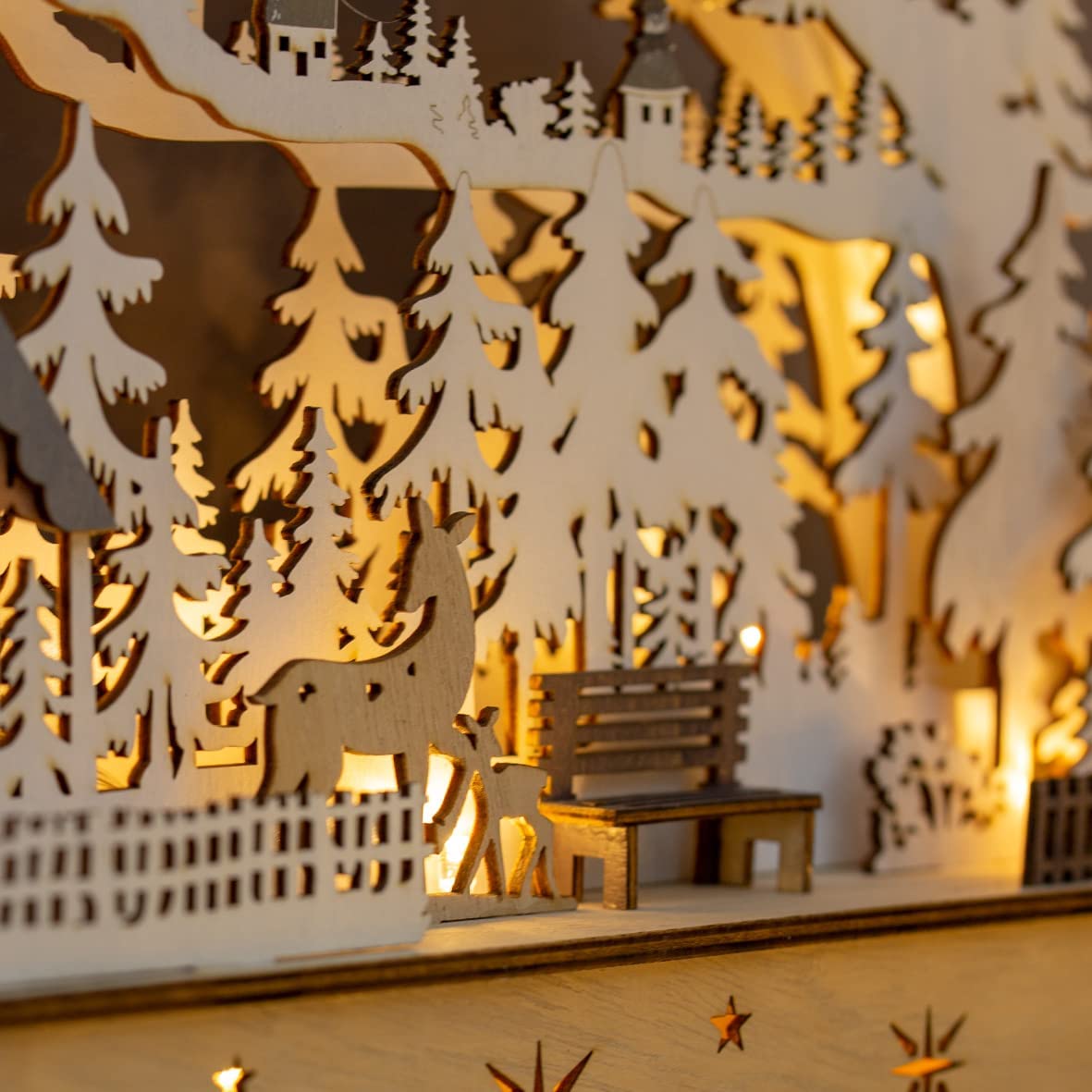 40cm wooden LED Christmas forest house scene with warm white lights