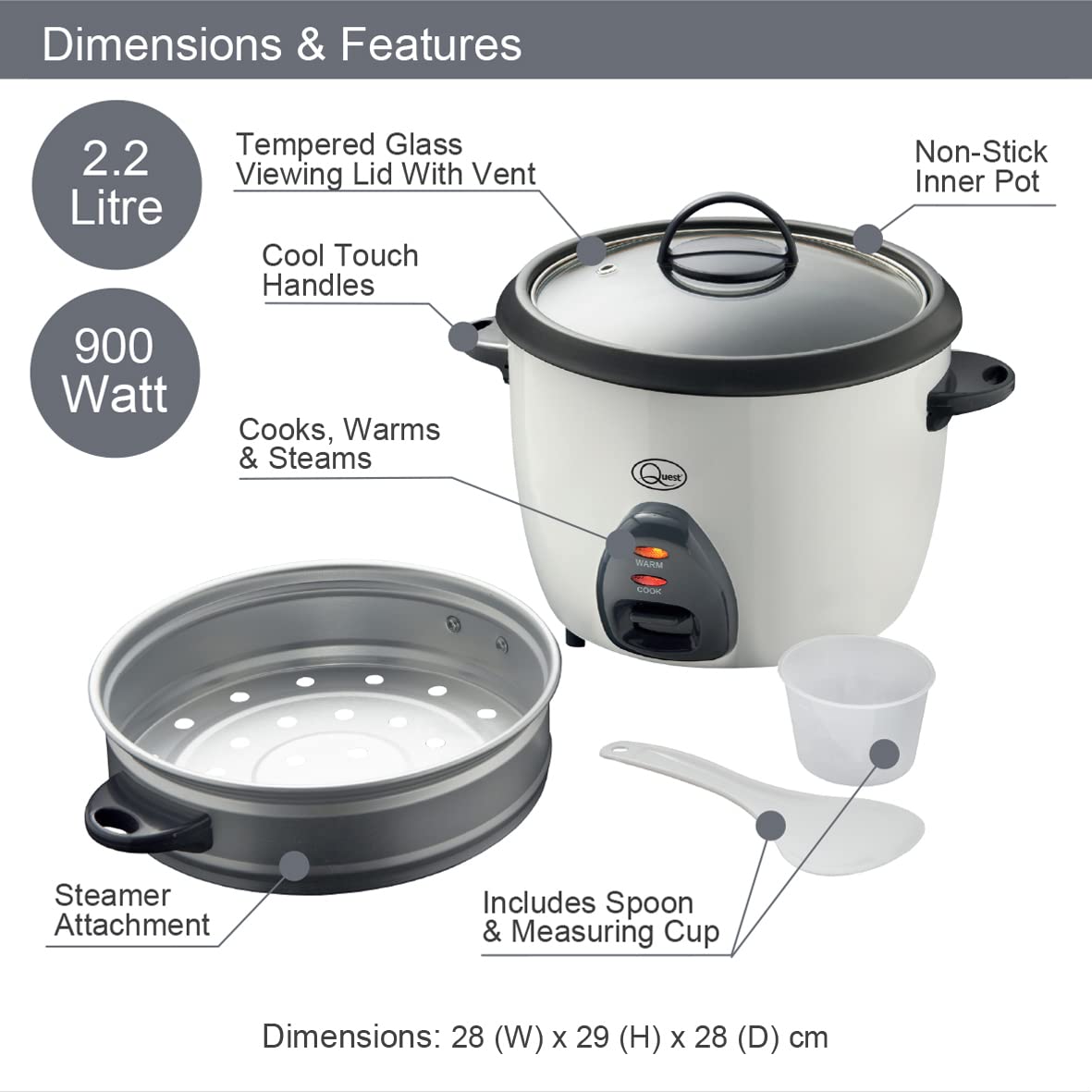 Quest 2.2L 900W white rice cooker and steamer