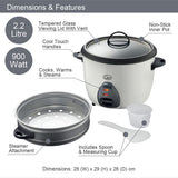 Quest 2.2L 900W white rice cooker and steamer
