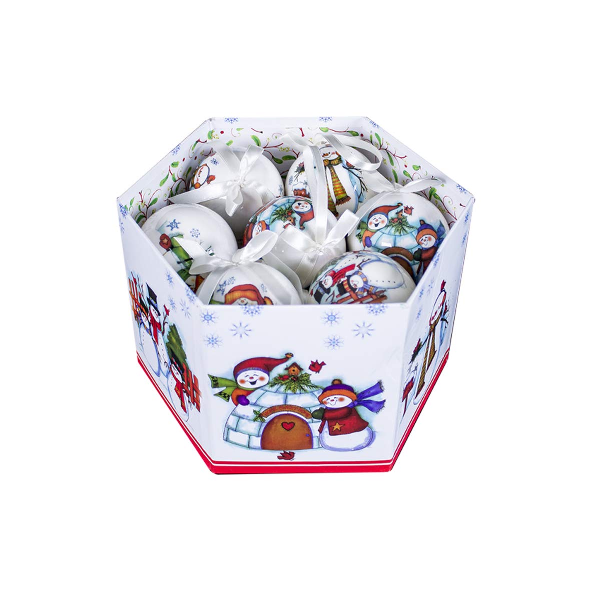 Gift-boxed set of 14 white cartoon snowman Christmas baubles