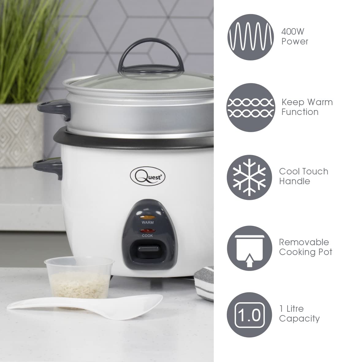 Quest 1L 400W white rice cooker and steamer