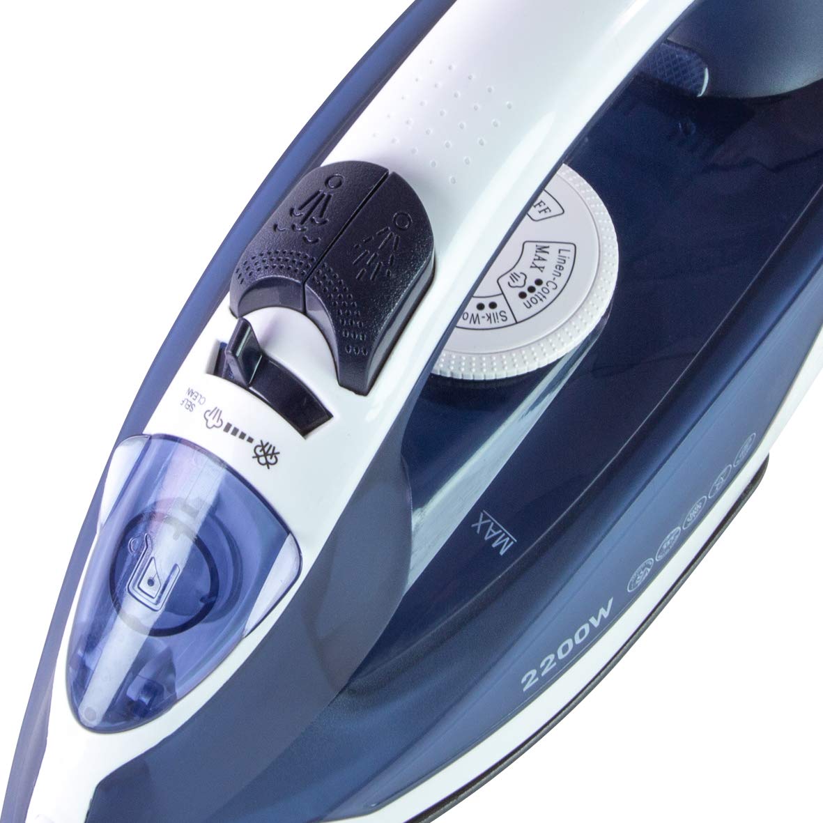 Quest 2200W blue and white steam iron with non-stick soleplate