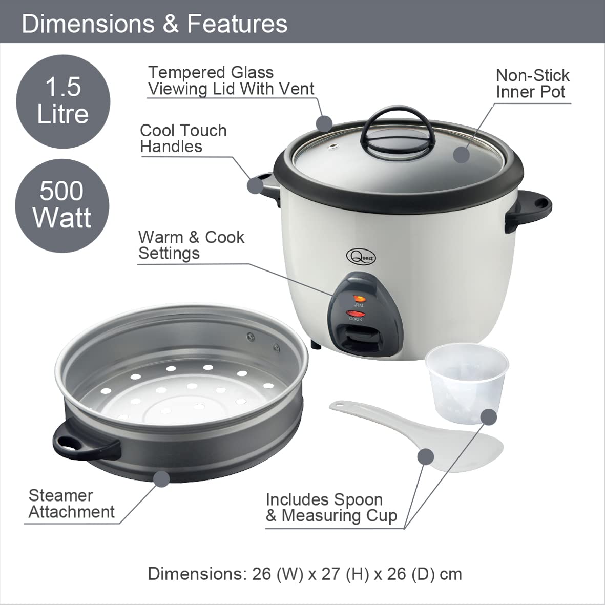 Quest 1.5L 500W white rice cooker and steamer
