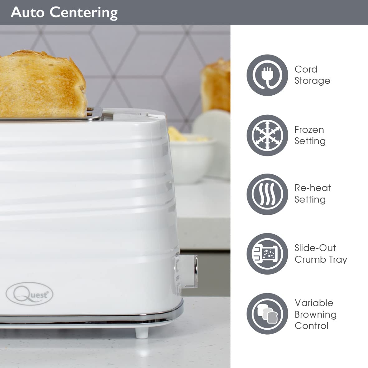 Quest Harmony white 2-slice 930W toaster with seven browning levels