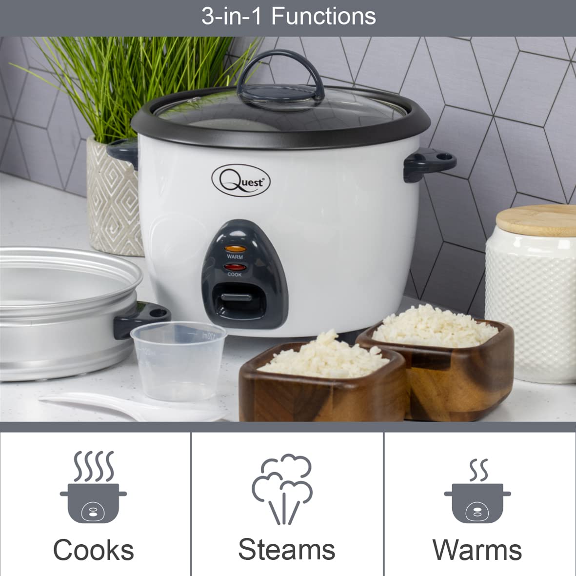 Quest 2.2L 900W white rice cooker and steamer