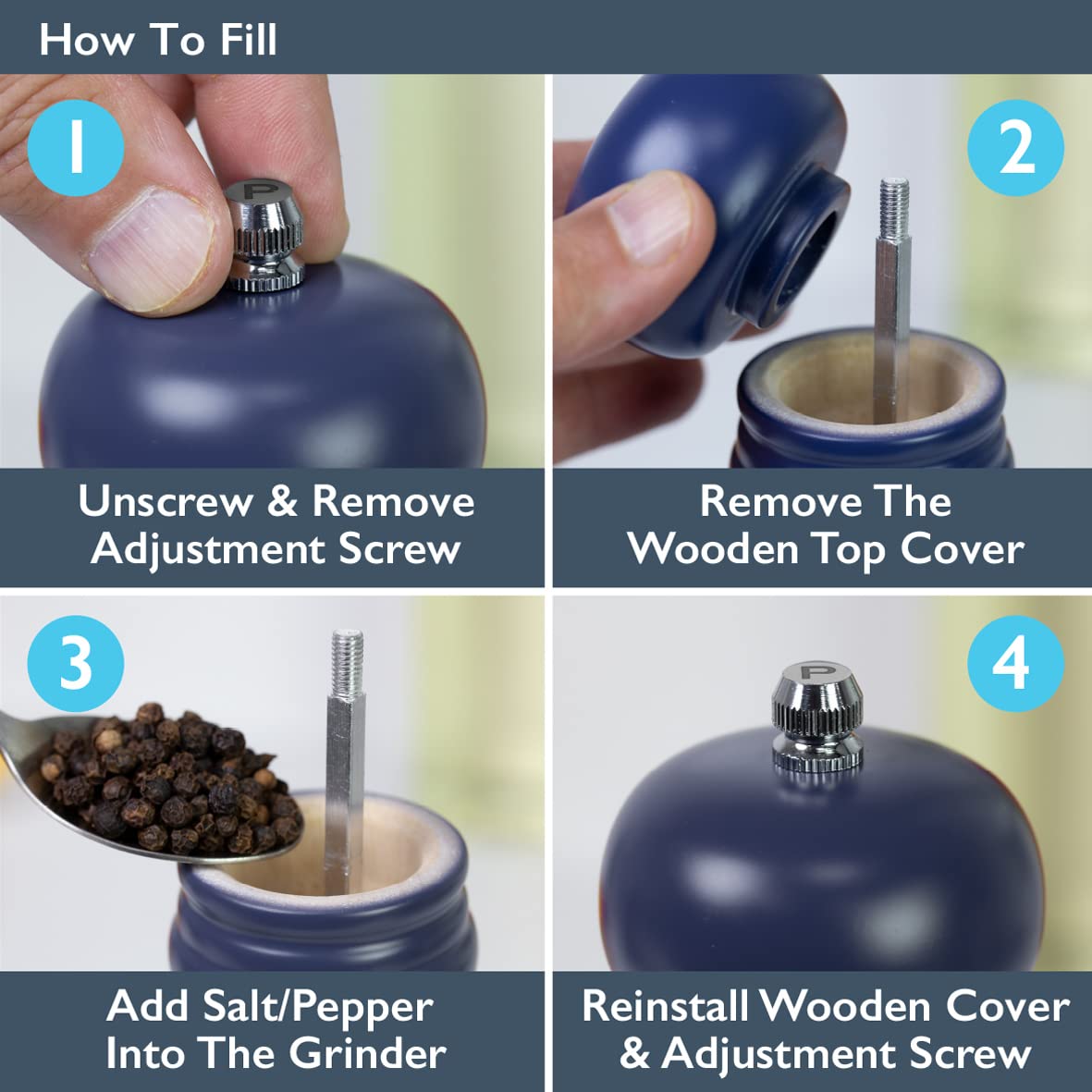 Blackmoor 68069 Manual Salt and Pepper Grinder Set/Classic Wooden Design with Ceramic Grinding Core/Adjustable Coarseness/Navy Blue Colour