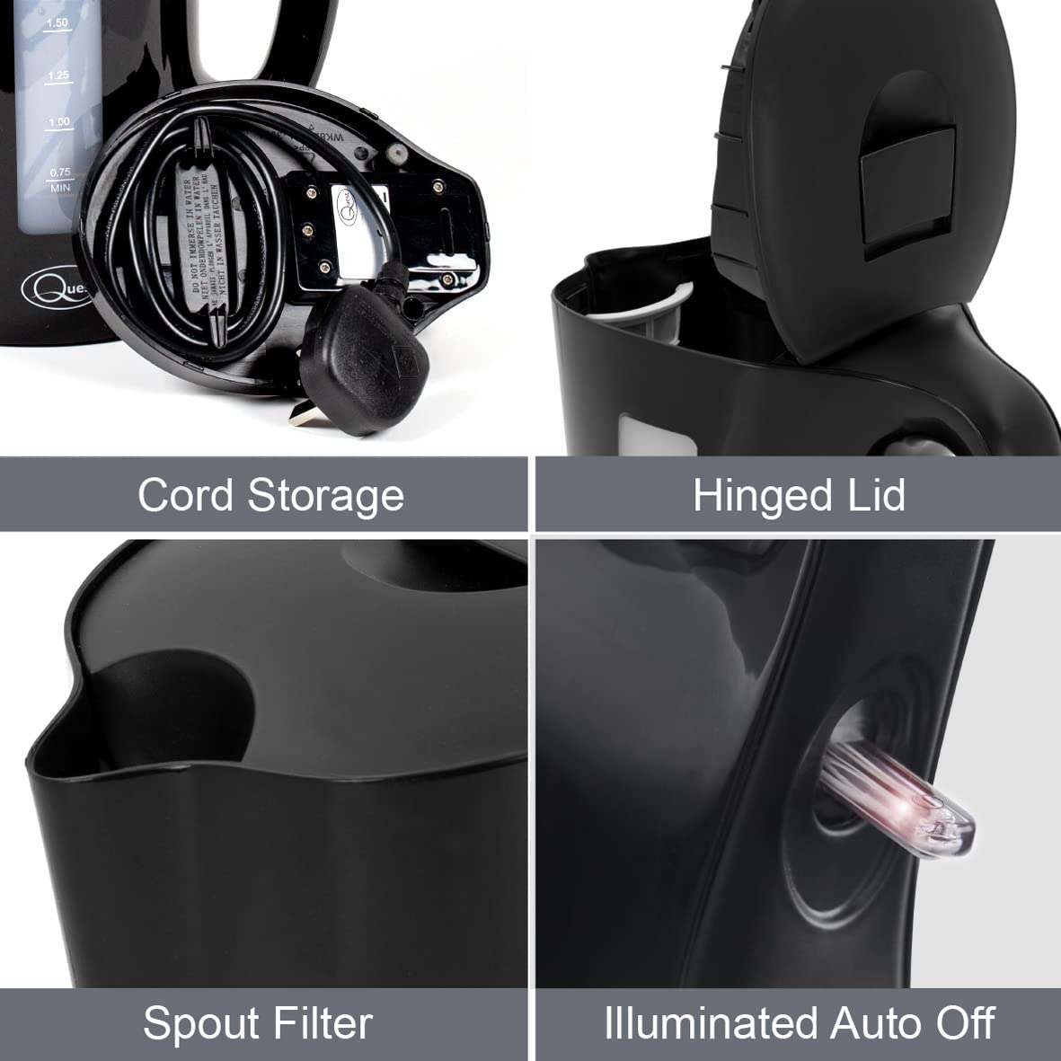 Quest 1.7L black cordless electric kettle