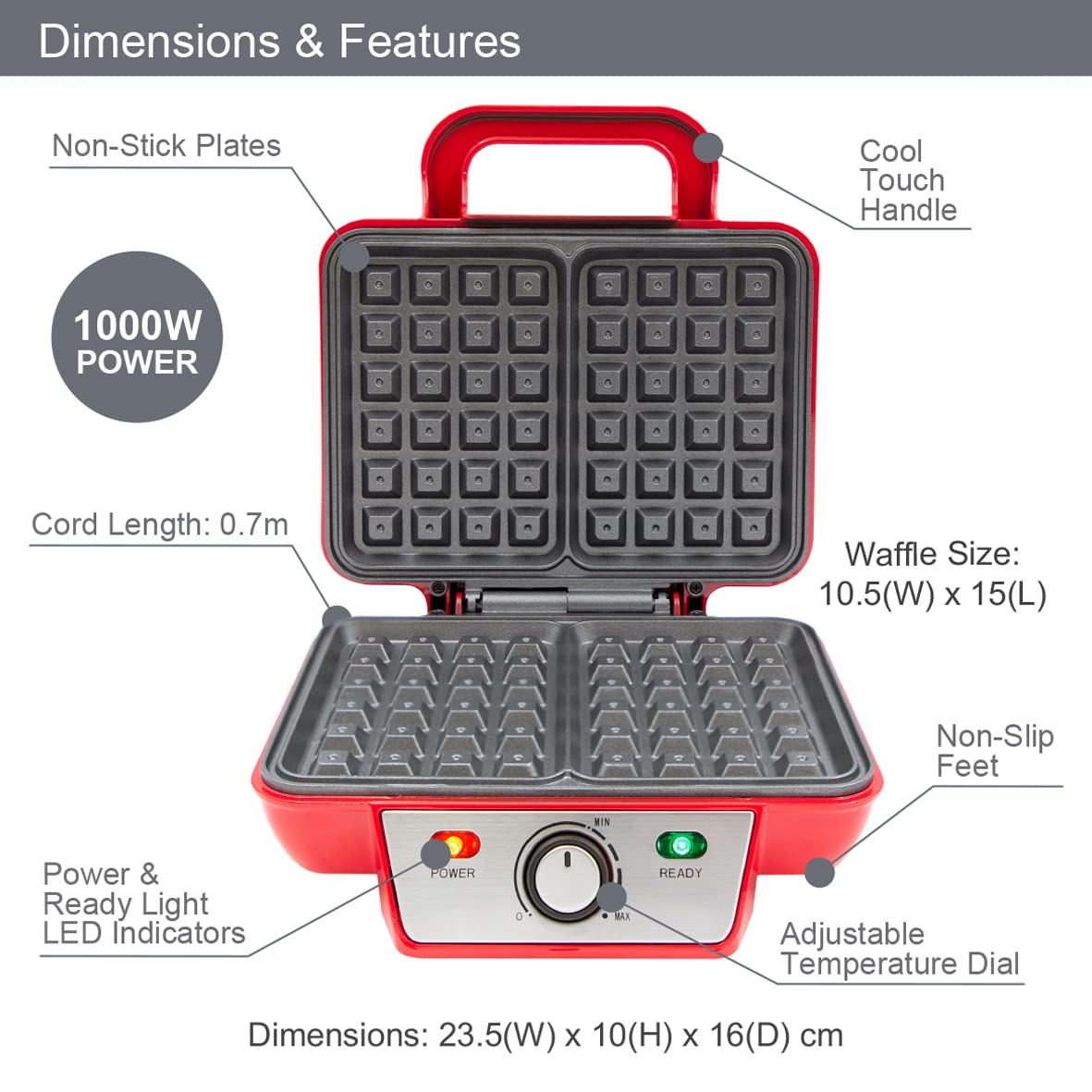 Global Gizmos red two-waffle maker