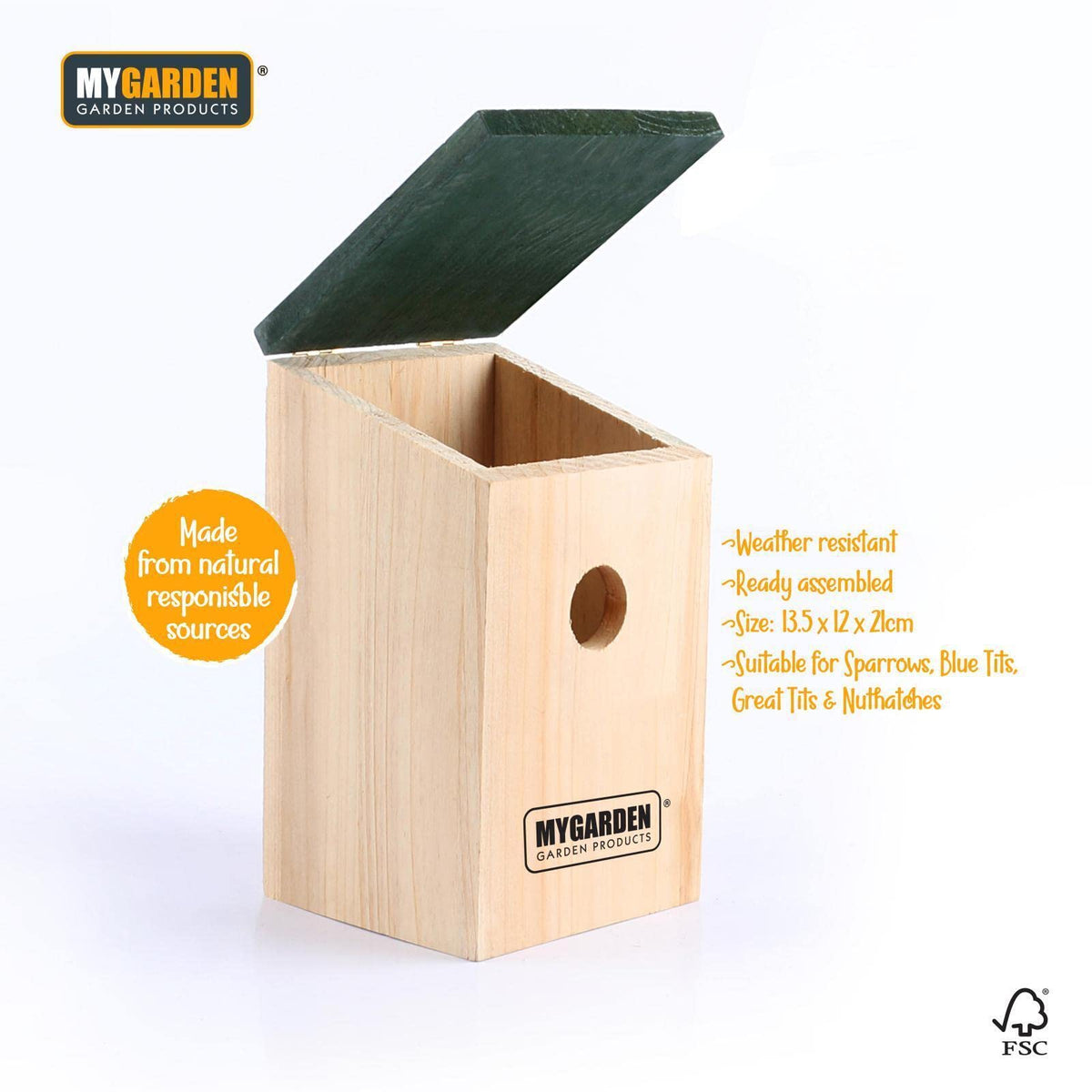 My Garden wooden bird nest box with bird spotting chart
