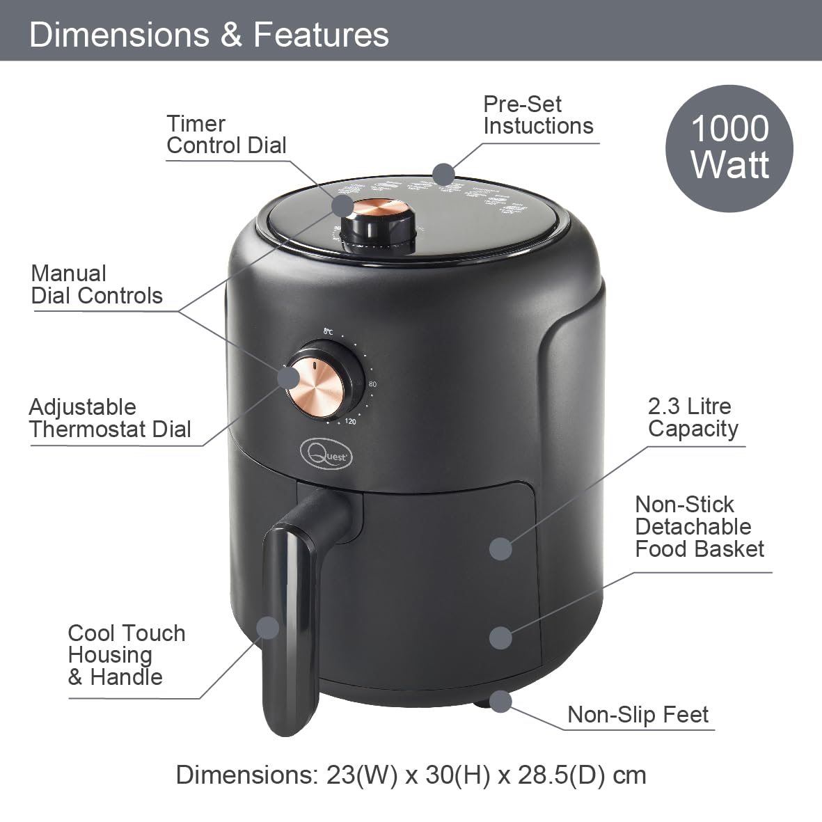 2.3L Air Fryer 1000W with Non-Stick Basket & 60 Minute Timer - Quest